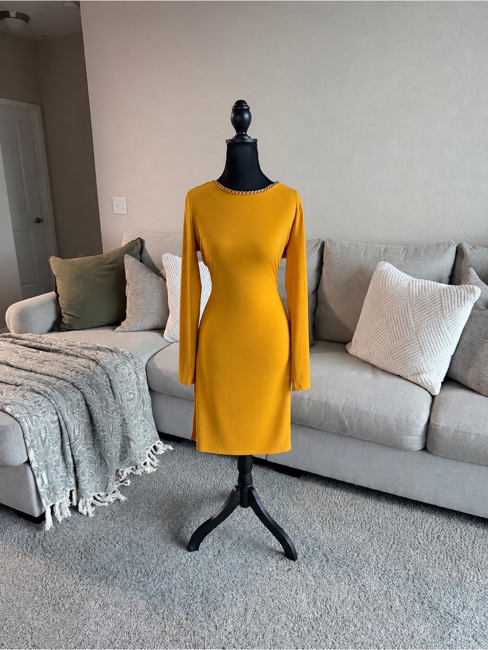 MICHAEL Michael Kors Long-Sleeve Jewel Neck Sheath Dress in Mustard Yellow